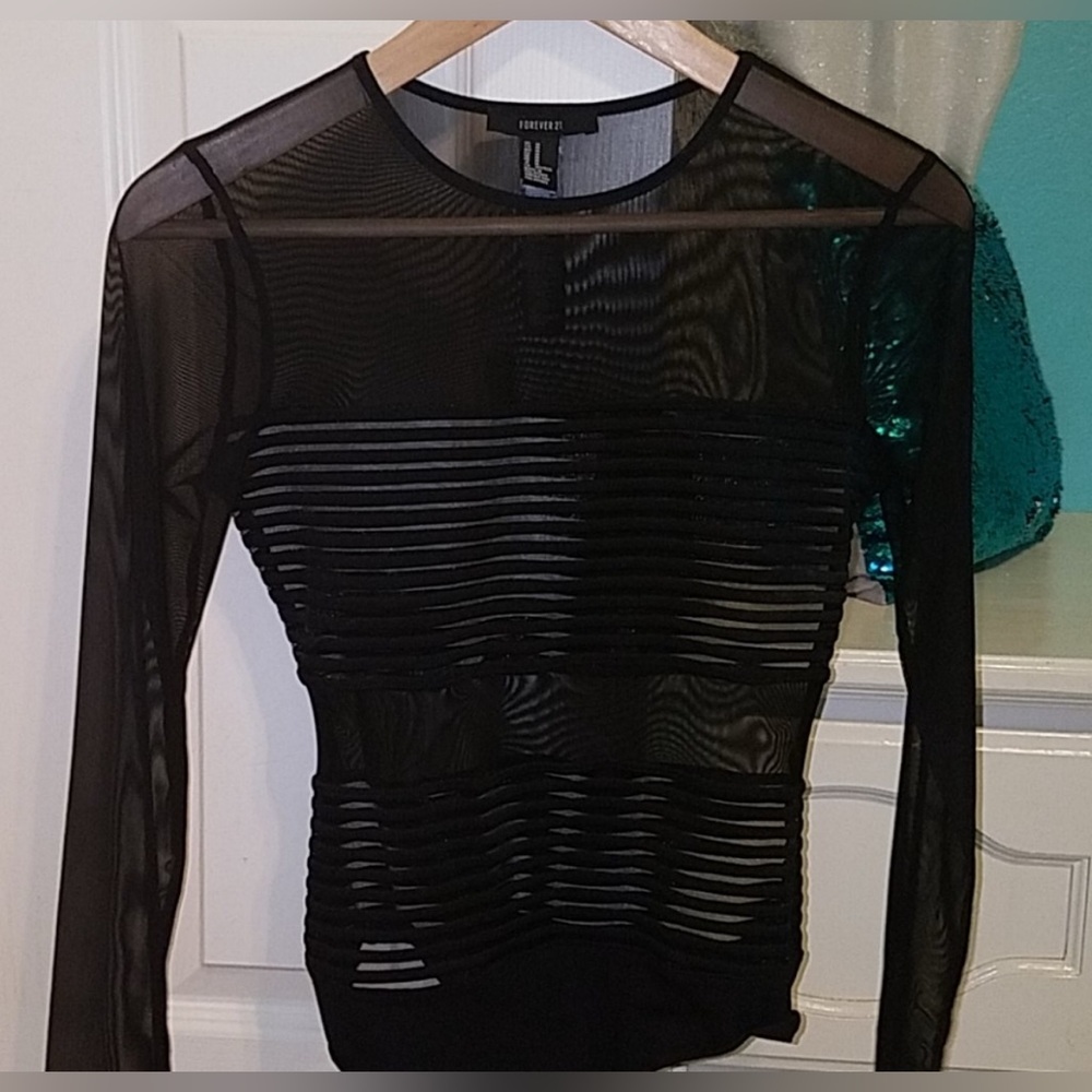 FOREVER 21, Striped Mesh Blouse, Sexy & Stylish, Black, Medium, EUC (PM-33)